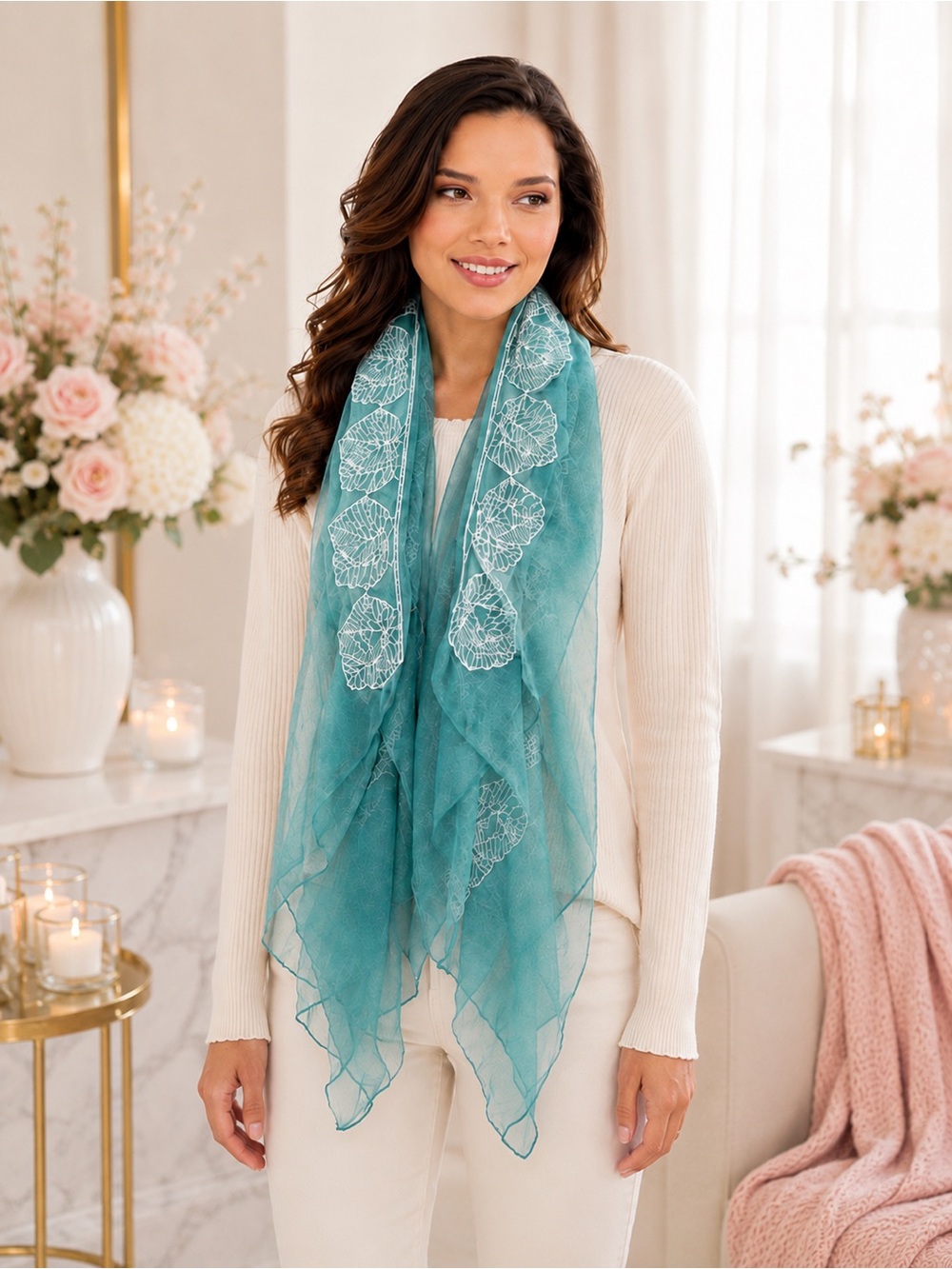 Boutique Aqua Teal Sheer Embroidered Lace Scarf Wrap Boho Chic Chiffon Shawl NWT